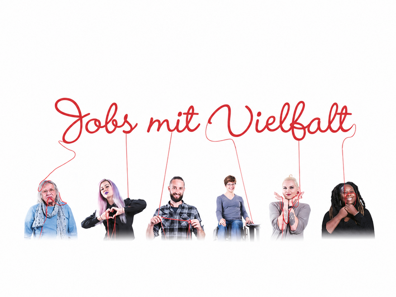 Das Bild zeigt 6 Mitarbeiter*innen von autArK die mit dem Slogan "Jobs mit Vielfalt" durch rote Fäden verbunden sind