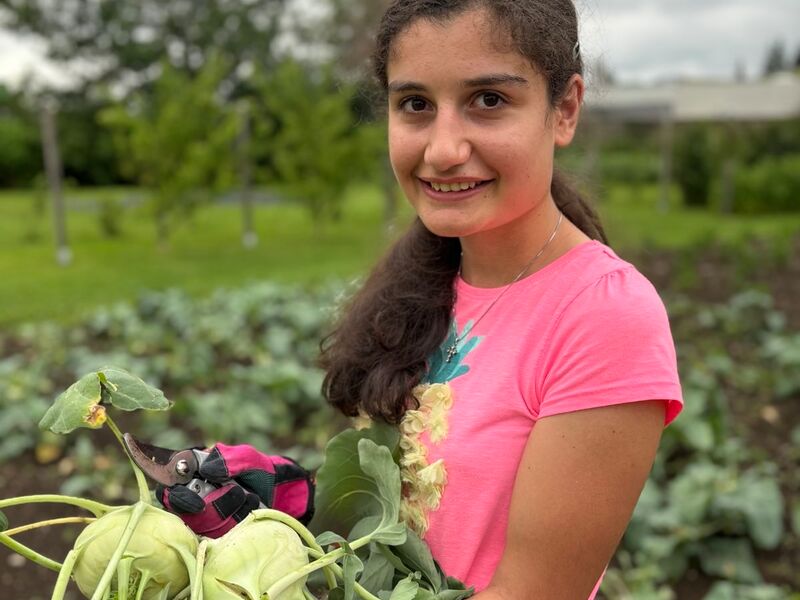 Eine junge Gärtnerin präsentiert geernteten Kohlrabi