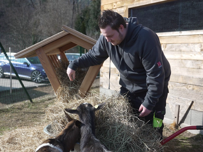 Ein Assistenznehmer füttert die Ziegen im TiKo