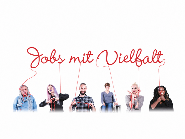 Das Bild zeigt 6 Mitarbeiter*innen von autArK die mit dem Slogan "Jobs mit Vielfalt" durch rote Fäden verbunden sind