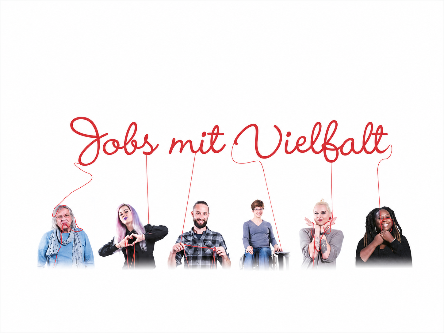 Das Bild zeigt 6 Mitarbeiter*innen von autArK die mit dem Slogan "Jobs mit Vielfalt" durch rote Fäden verbunden sind